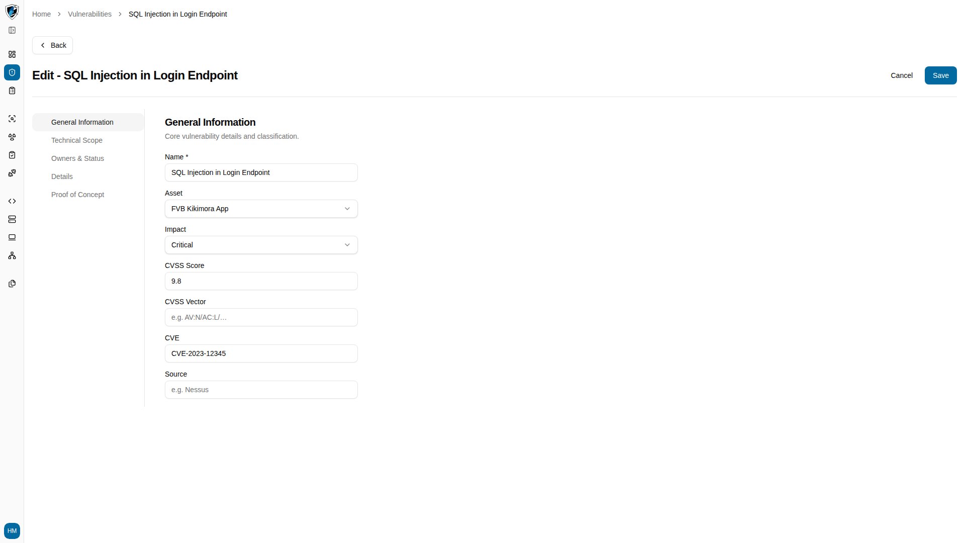 Details section with raw HTTP request and response fields above the rich-text proof of concept editor