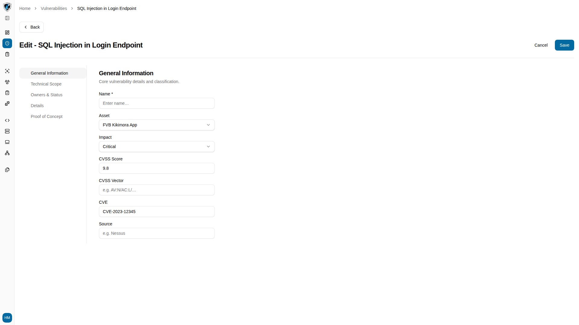 Validation toast shown after saving with the required name field left empty