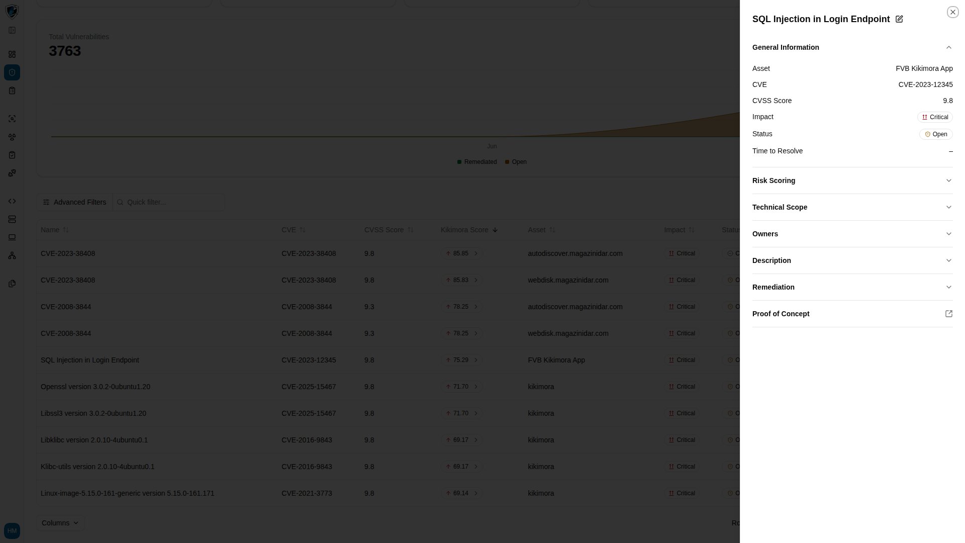 Vulnerability preview sidepanel open beside the findings table, showing general information and risk scoring sections
