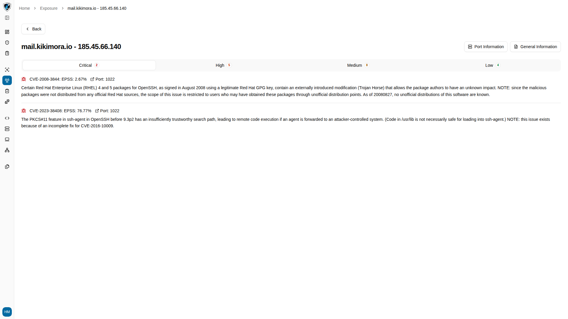 Asset detail view with severity tabs and CVE entries showing EPSS percentages and the port each was found on