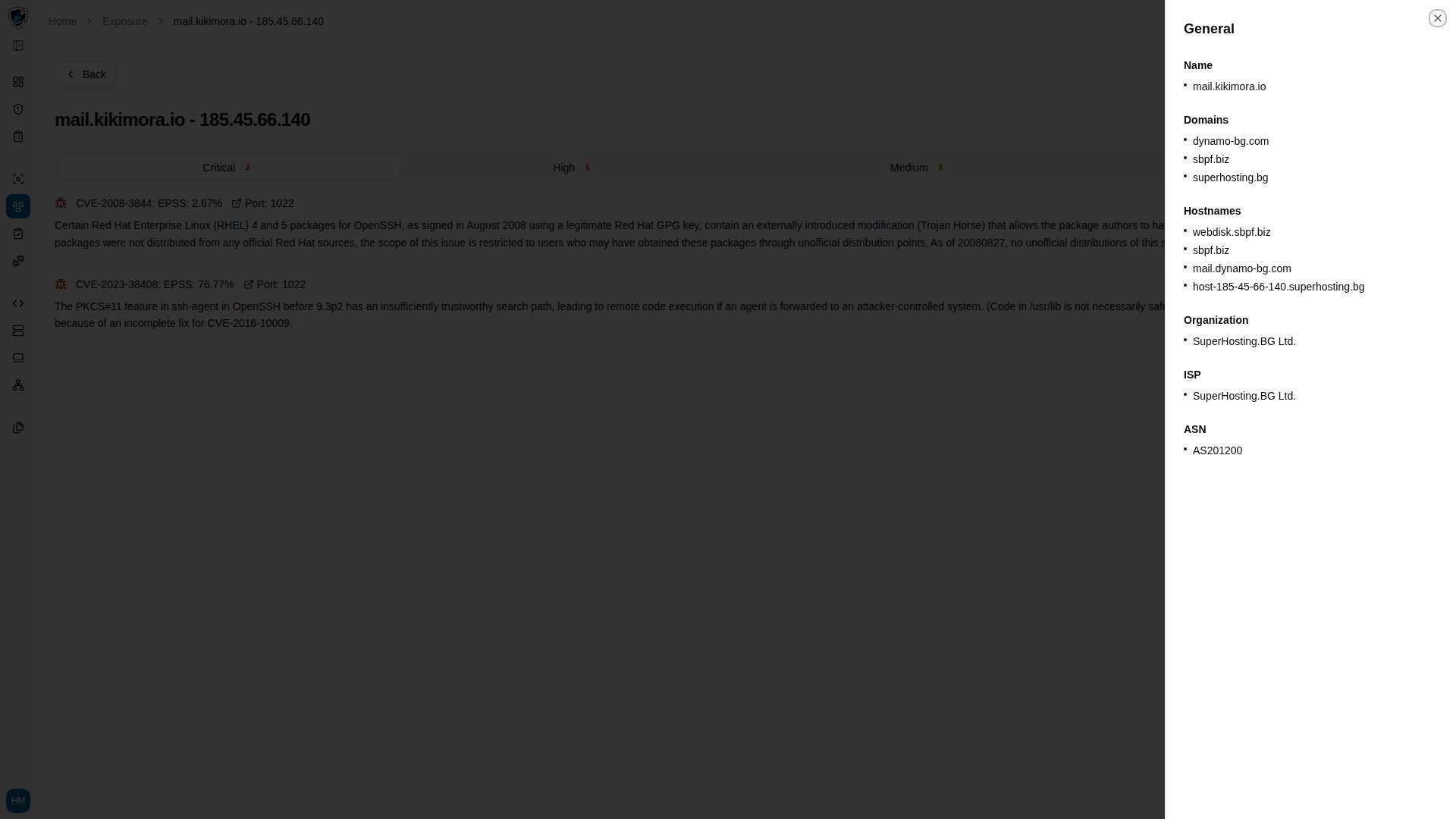 General panel listing the asset's name, domains, hostnames, organization, ISP, and ASN