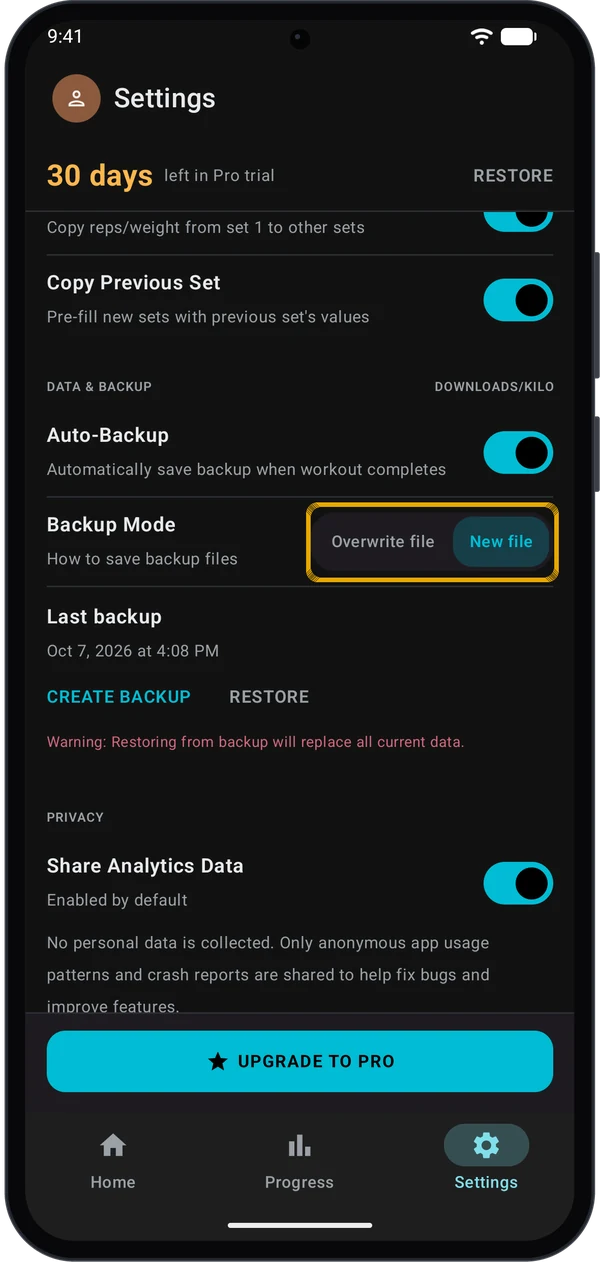 Backup Mode set to New file in the DATA and BACKUP section of Settings