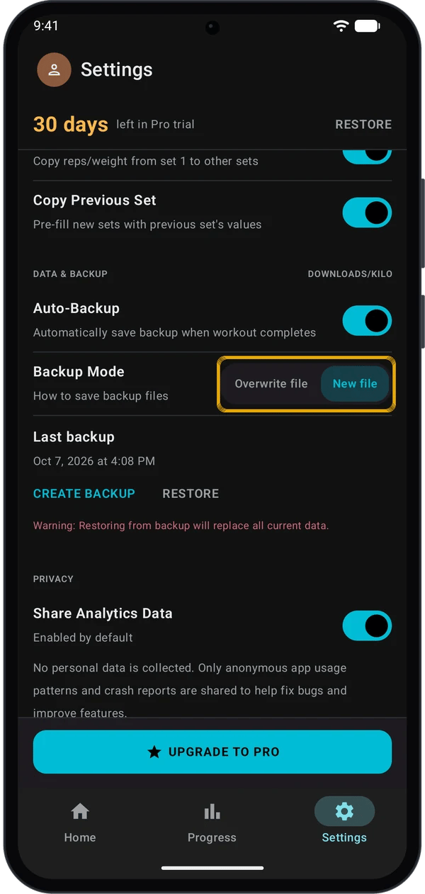 Backup Mode set to New file in the DATA and BACKUP section of Settings