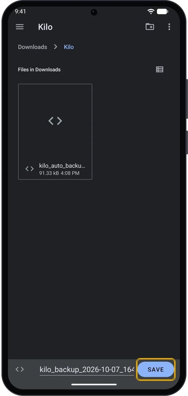 File picker in the Kilo folder with the suggested file name kilo_backup_ and a Save button