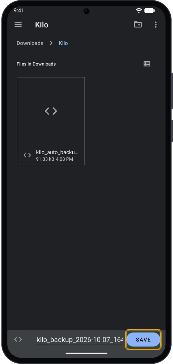 File picker in the Kilo folder with the suggested file name kilo_backup_ and a Save button