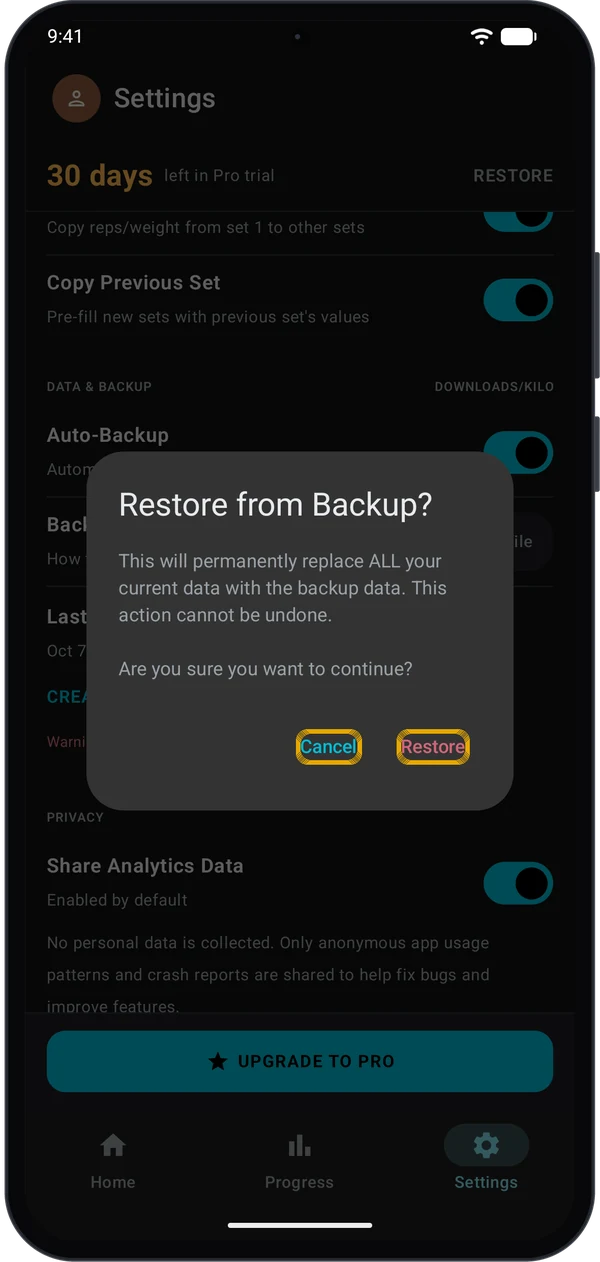 Restore from Backup dialog with Cancel and Restore buttons