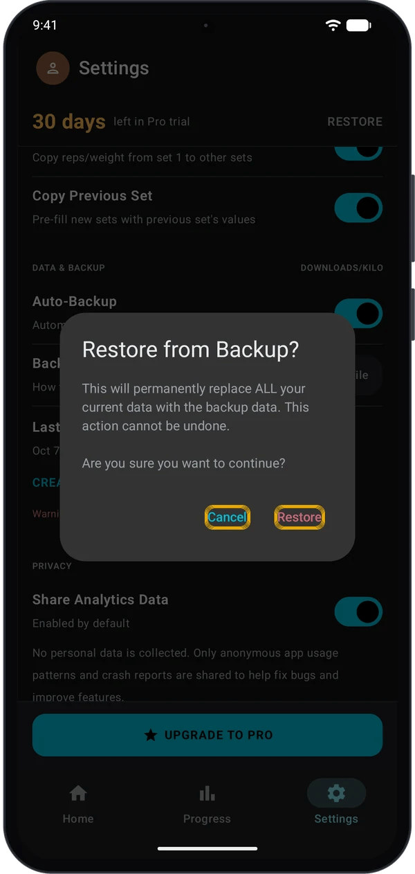 Restore from Backup dialog with Cancel and Restore buttons