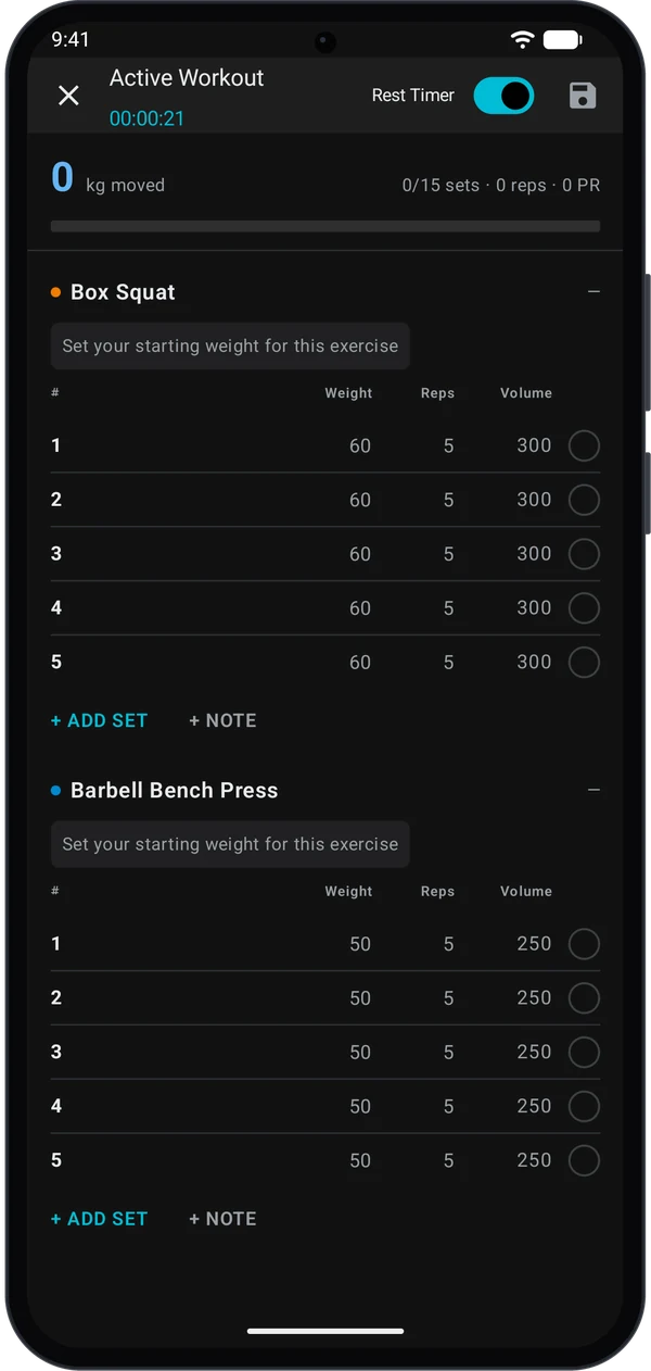 First program session with starting weights entered