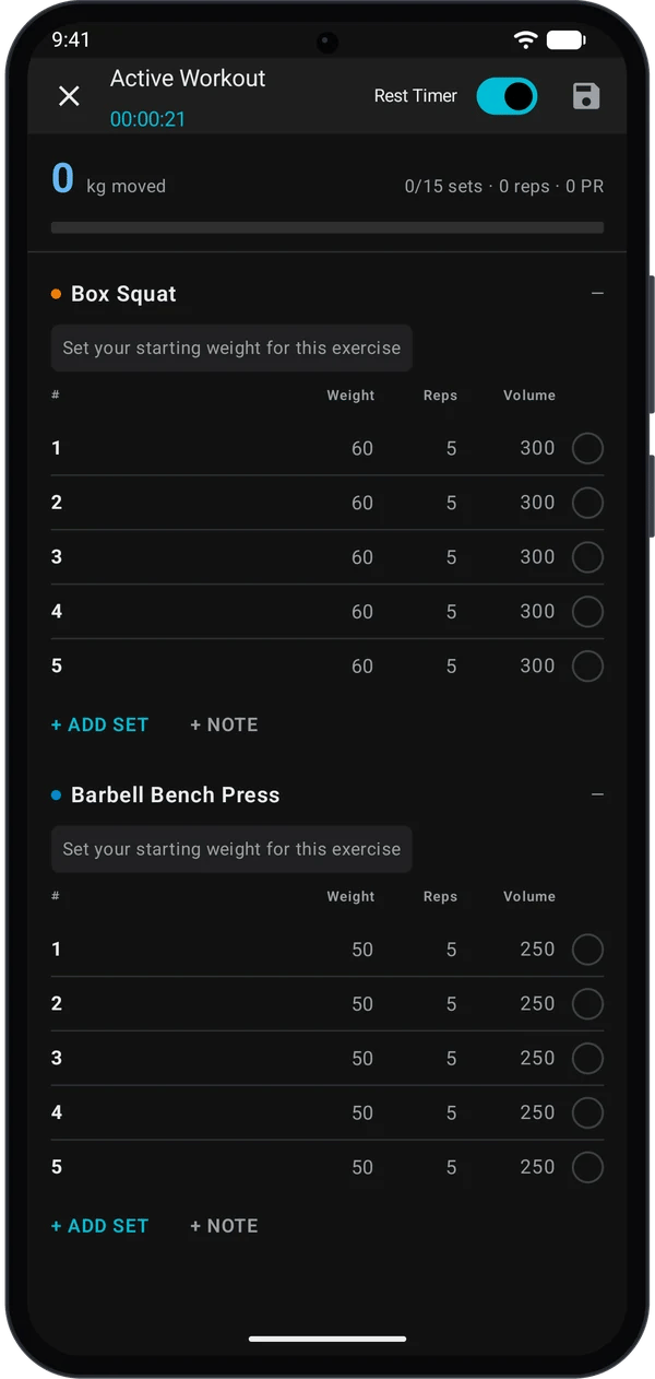 First program session with starting weights entered
