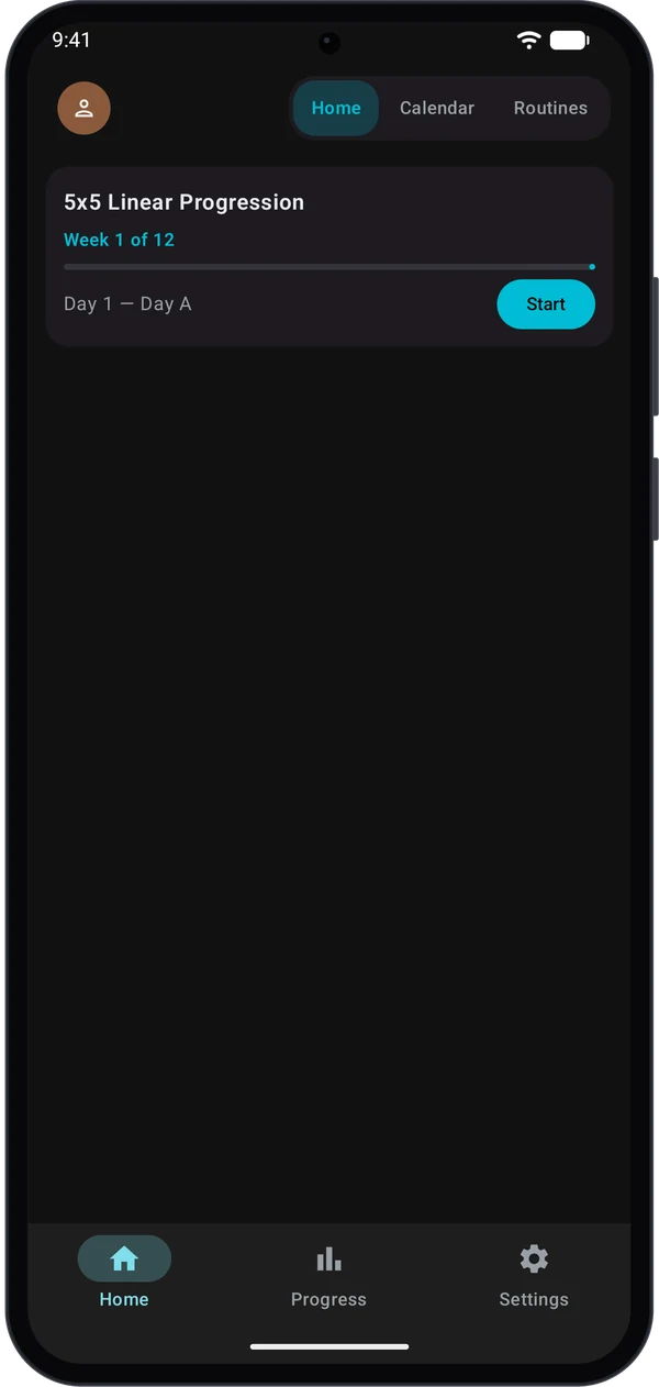Home tab showing the active 5x5 Linear Progression card with a Start button