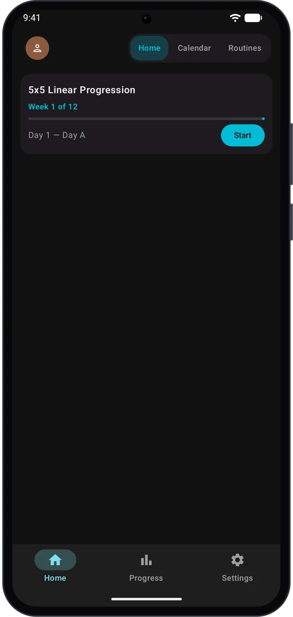 Home tab showing the active 5x5 Linear Progression card with a Start button