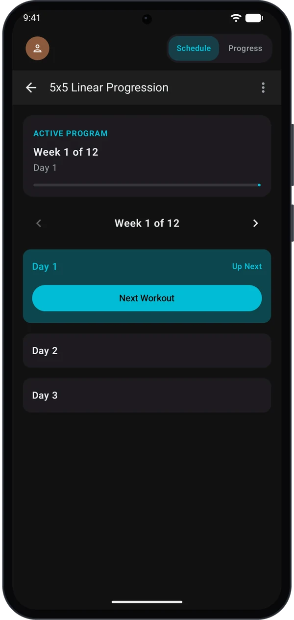 Program screen Schedule tab with Day 1 up next
