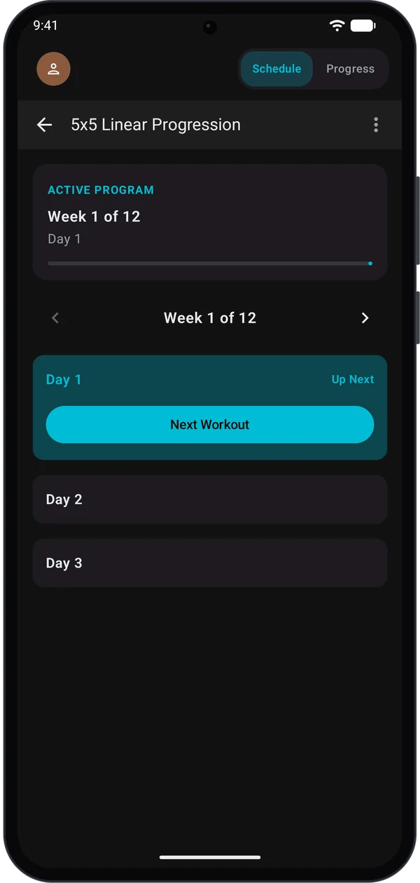 Program screen Schedule tab with Day 1 up next