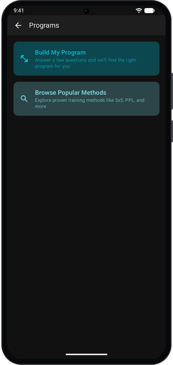 Programs screen with Build My Program and Browse Popular Methods