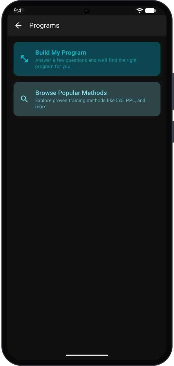 Programs screen with Build My Program and Browse Popular Methods