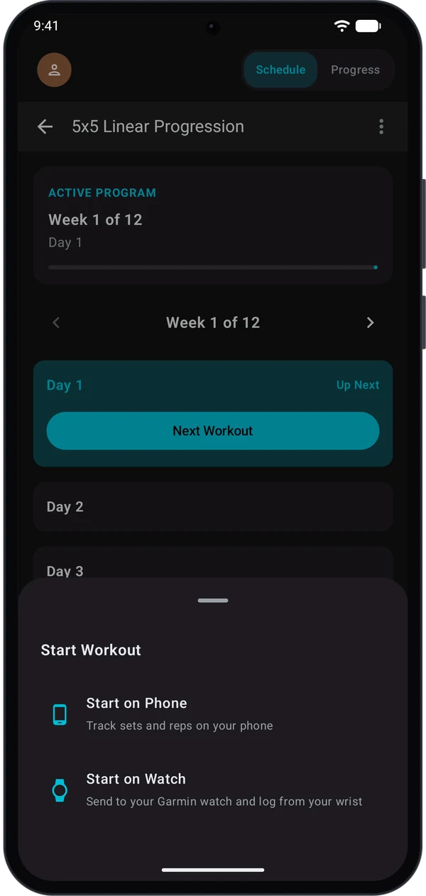 Start Workout sheet with Start on Phone and Start on Watch