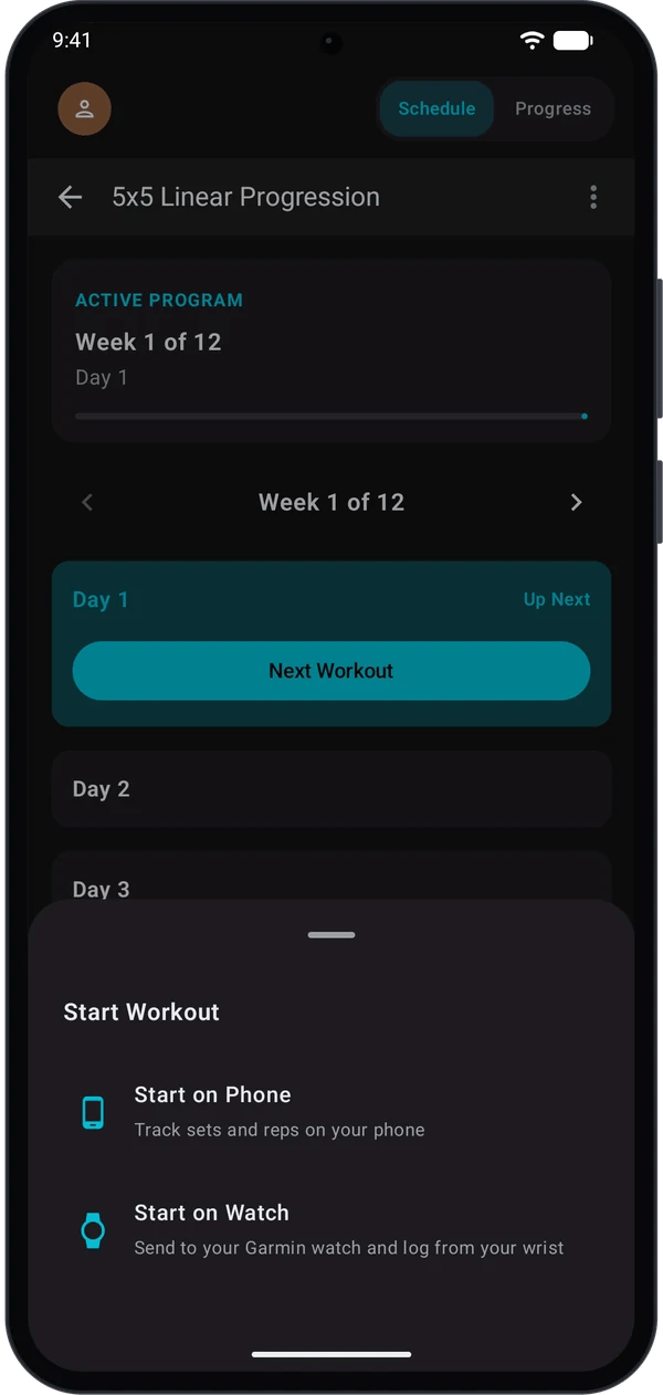 Start Workout sheet with Start on Phone and Start on Watch