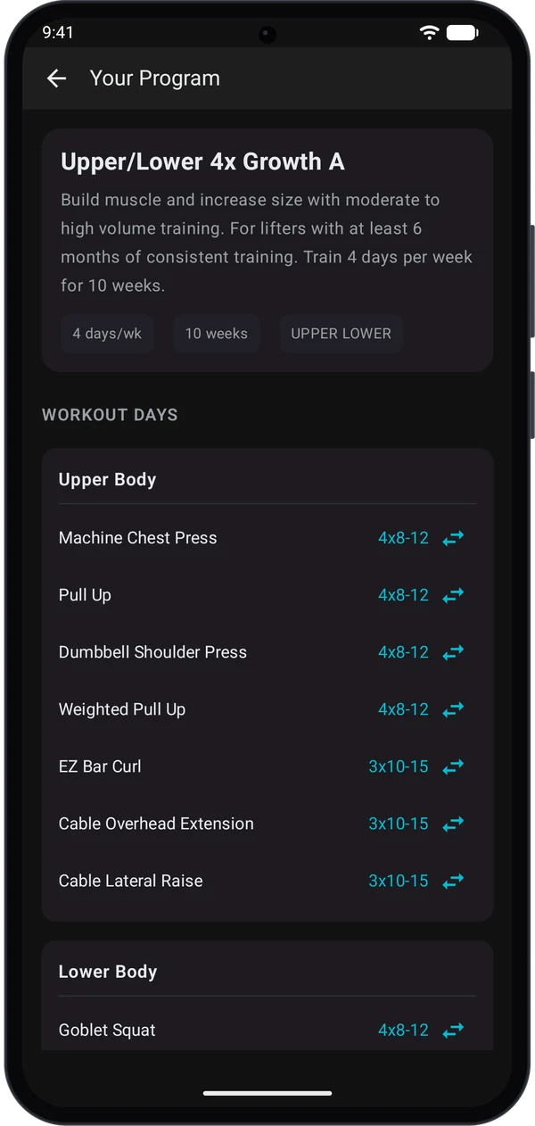 Your Program screen with the matched program and its workout days