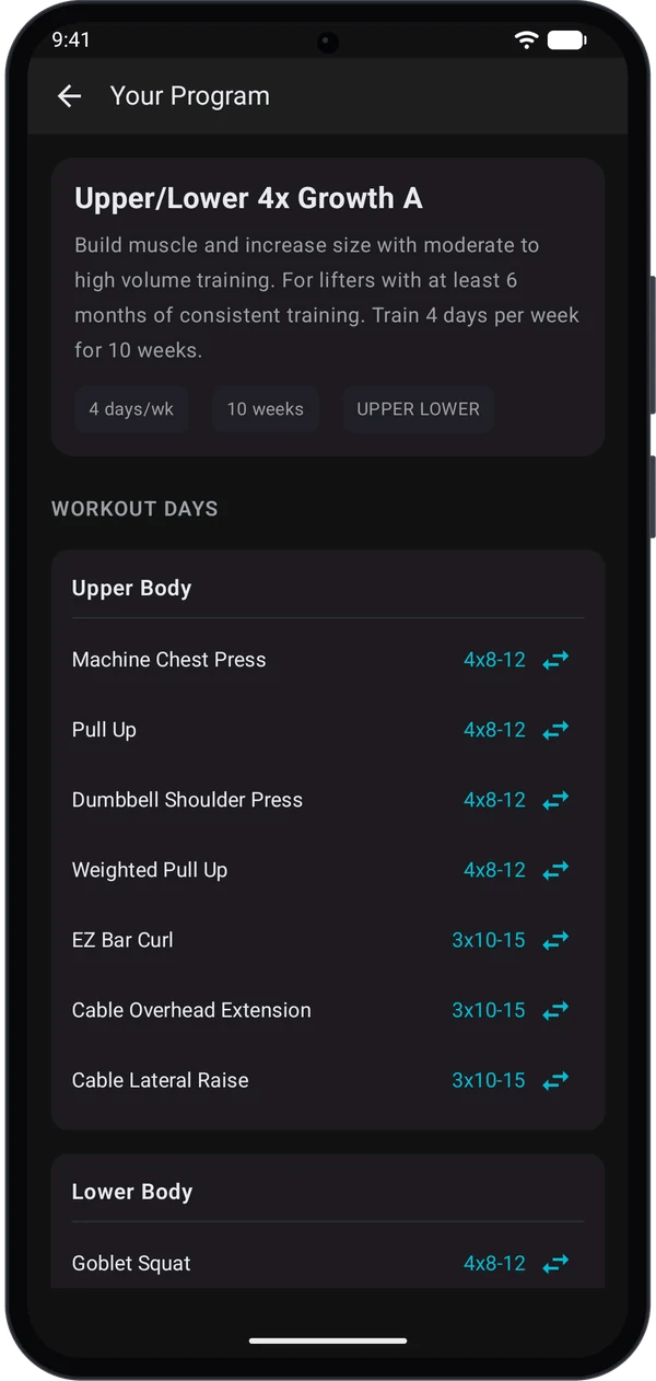 Your Program screen with the matched program and its workout days