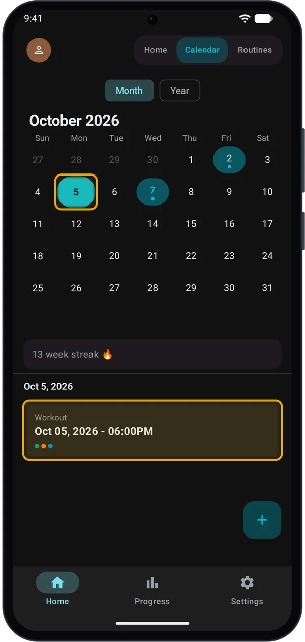 Calendar Month view with Oct 5 selected and its workout card highlighted below the calendar