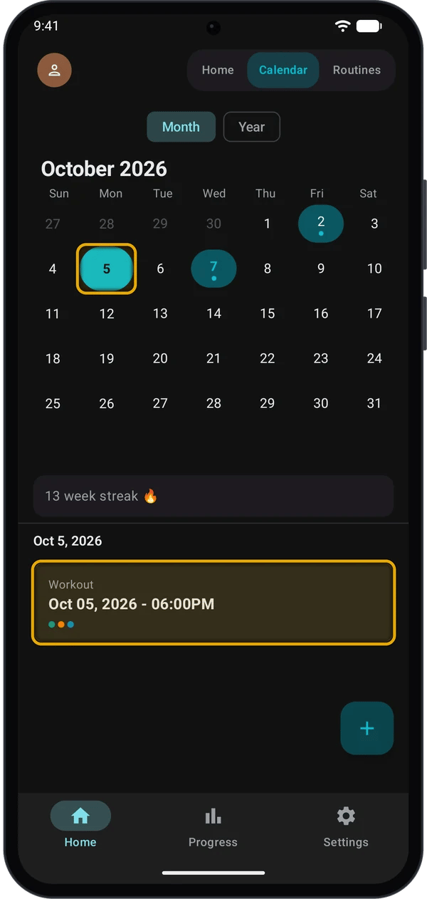 Calendar Month view with Oct 5 selected and its workout card highlighted below the calendar