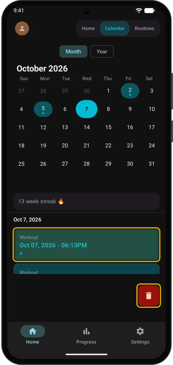 Two workouts selected on the Calendar tab with the red delete button highlighted
