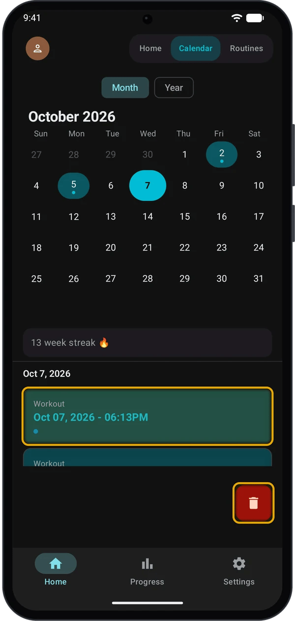 Two workouts selected on the Calendar tab with the red delete button highlighted