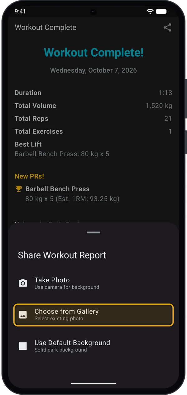 Share Workout Report sheet with Choose from Gallery highlighted