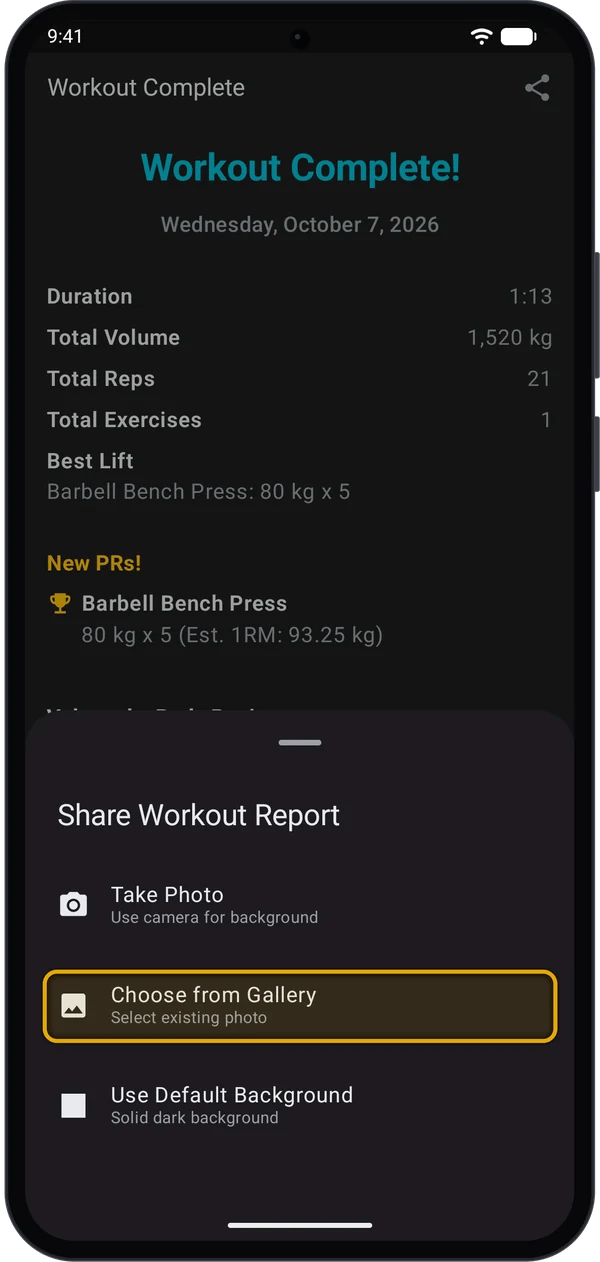 Share Workout Report sheet with Choose from Gallery highlighted
