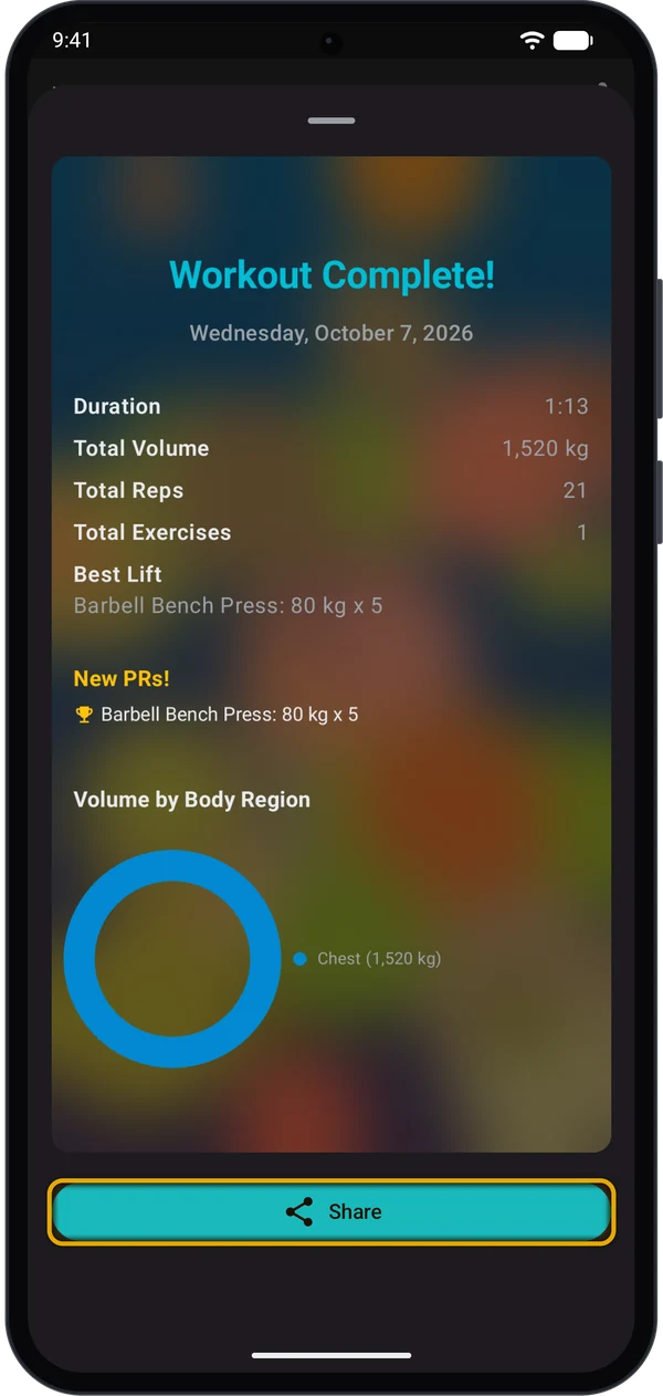 Share preview of the workout report over a photo background, with the Share button highlighted