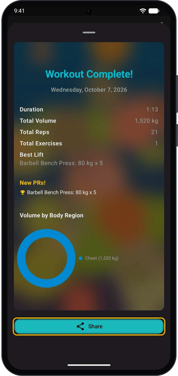 Share preview of the workout report over a photo background, with the Share button highlighted