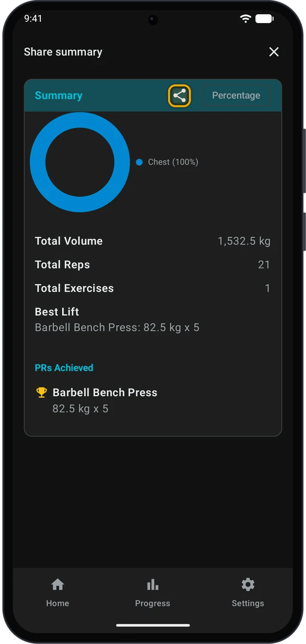 Share summary screen with the share icon on the Summary card highlighted