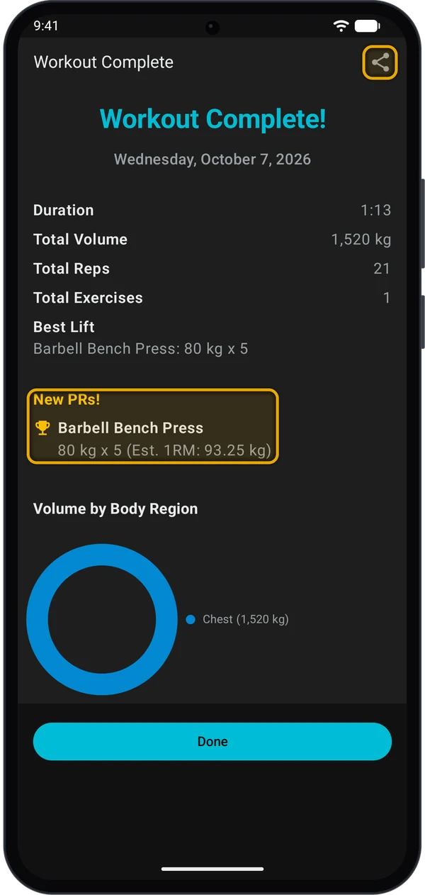 Workout Complete report with the share icon and the New PRs section highlighted
