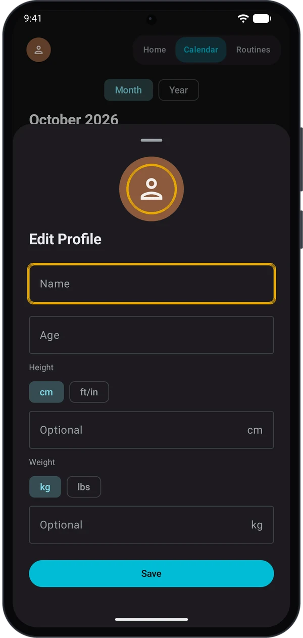 Edit Profile sheet with the avatar and the Name field highlighted
