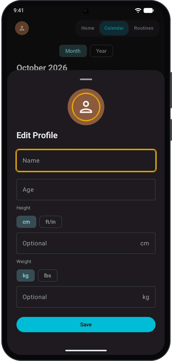 Edit Profile sheet with the avatar and the Name field highlighted