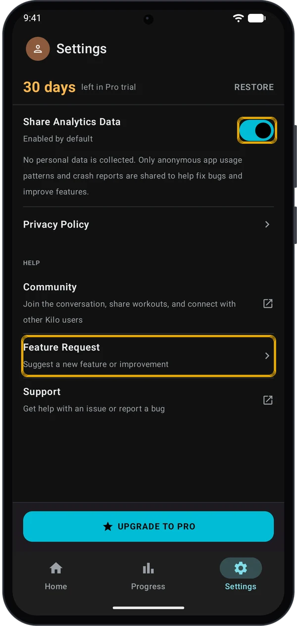 Settings Privacy and Help sections with the analytics switch and the Feature Request row highlighted