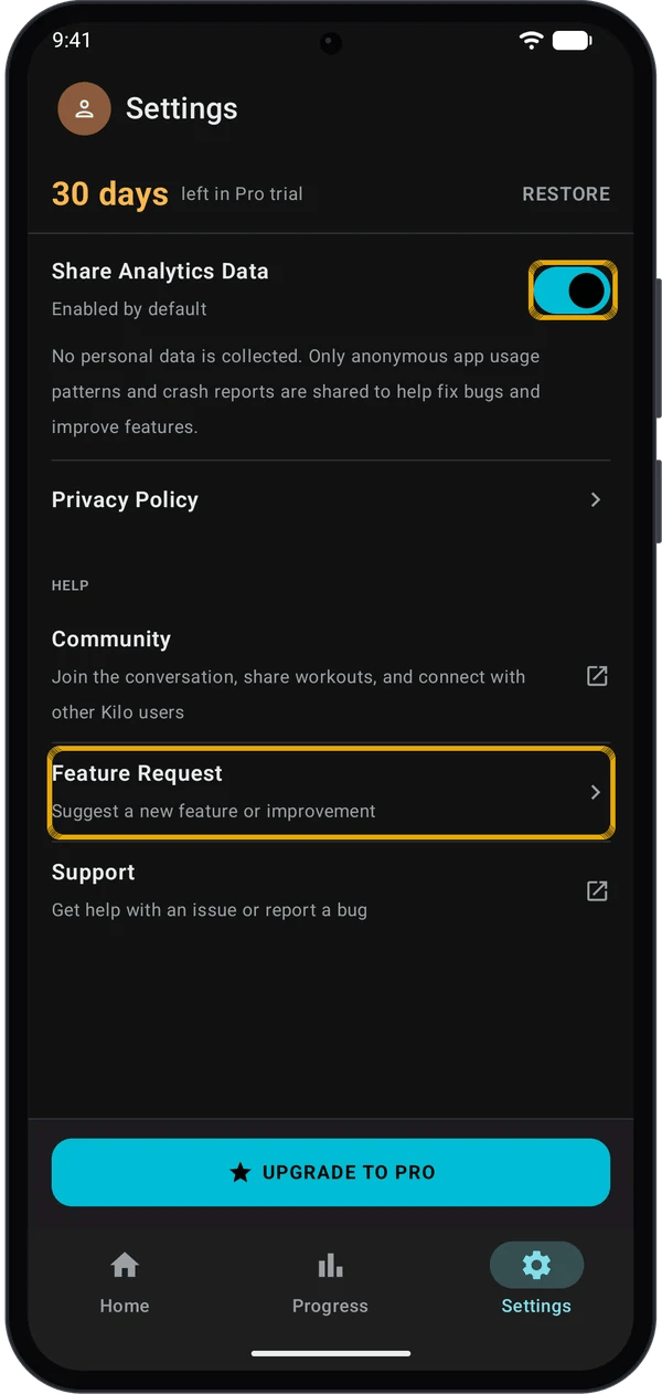 Settings Privacy and Help sections with the analytics switch and the Feature Request row highlighted