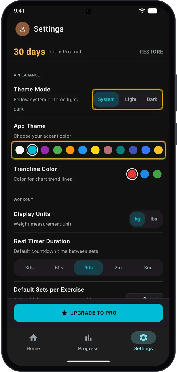 Settings Appearance section with Theme Mode, App Theme colour dots and Trendline Color