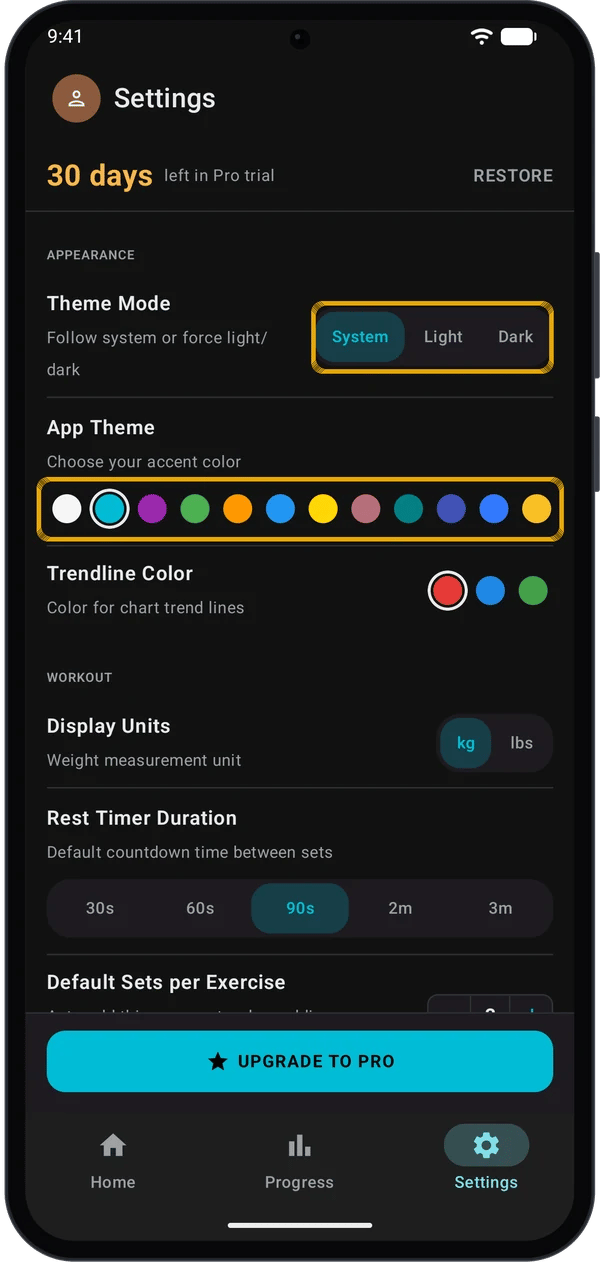 Settings Appearance section with Theme Mode, App Theme colour dots and Trendline Color