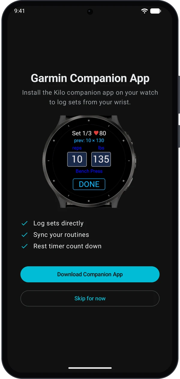 Garmin Companion App screen in Kilo with a Download Companion App button