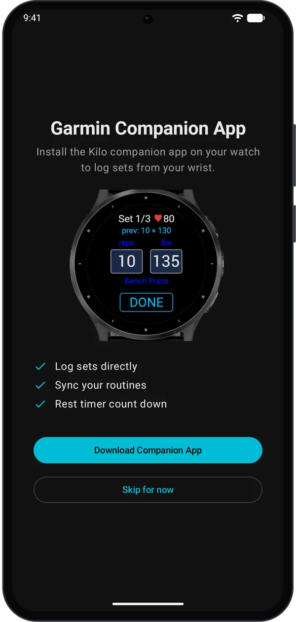 Garmin Companion App screen in Kilo with a Download Companion App button