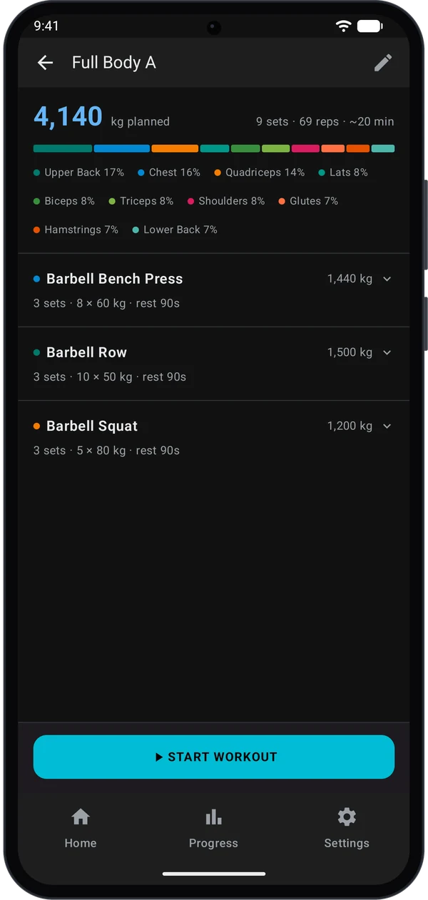 Routine details with the Start Workout button