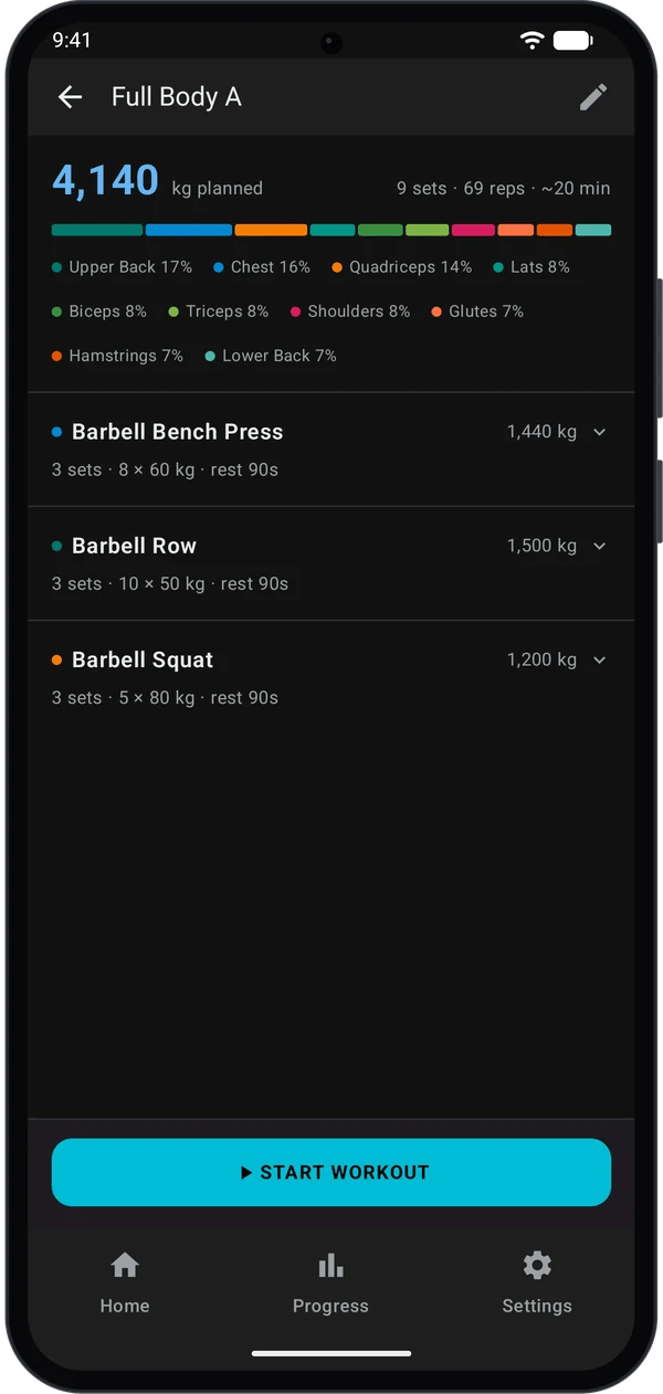 Routine details with the Start Workout button