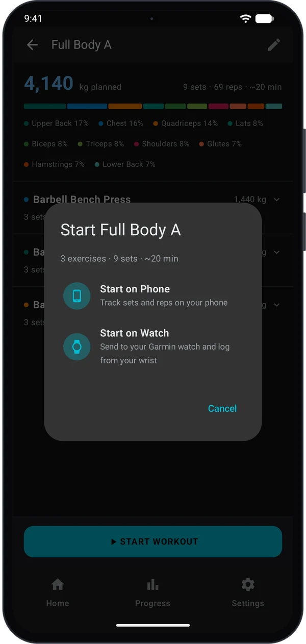 Start dialog with Start on Phone and Start on Watch options