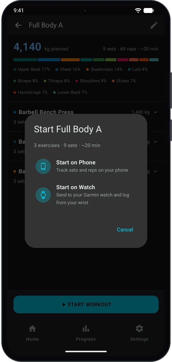 Start dialog with Start on Phone and Start on Watch options