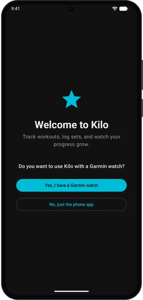 Kilo welcome screen asking if you use Kilo with a Garmin watch