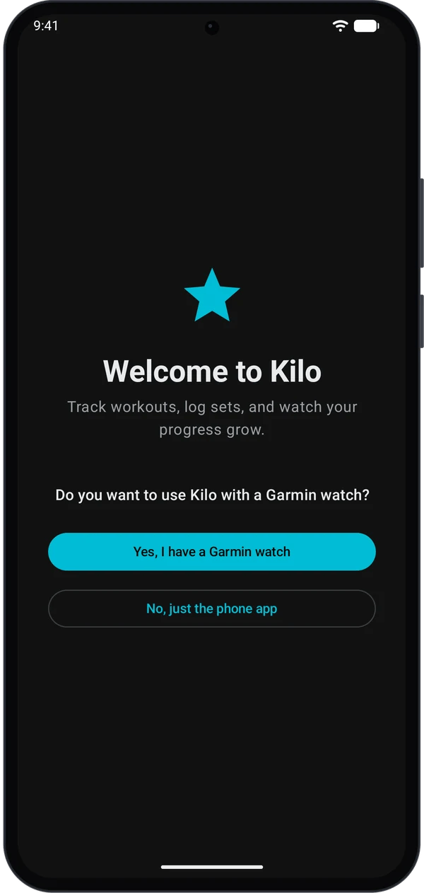 Kilo welcome screen asking if you use Kilo with a Garmin watch