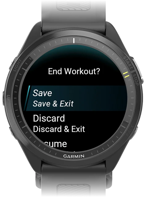 Garmin watch End Workout prompt with Save and Discard