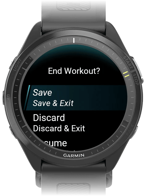 Garmin watch End Workout prompt with Save and Discard