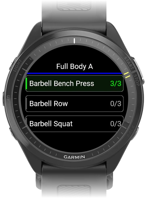 Garmin watch exercise list with all bench press sets done